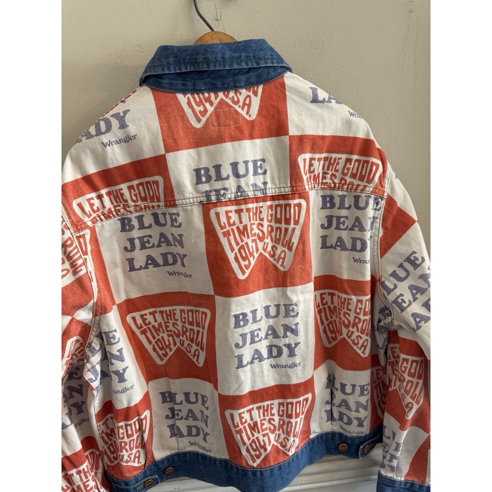 Wrangler Women's XL Graphic Print Denim Jacket Red White Blue Jean Lady - Picture 7 of 10